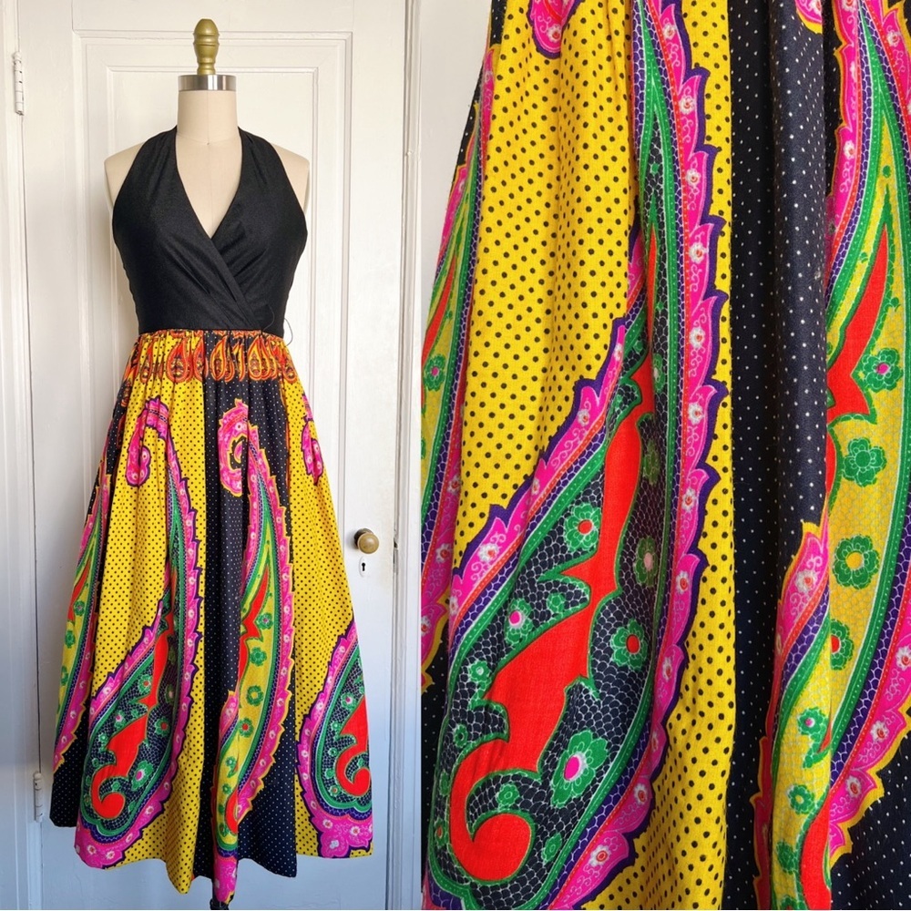 vintage • Don Jillette halter midi dress vibrant paisley psychedelic 60s 70s